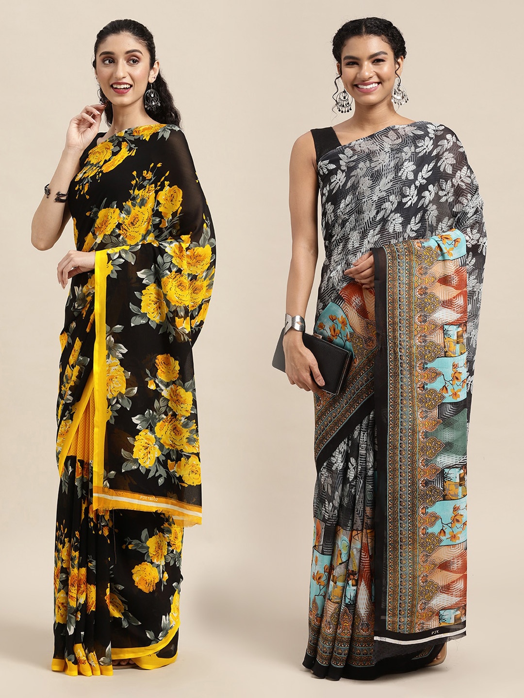 

KALINI Pack Of 2 Black & Grey Floral Saree