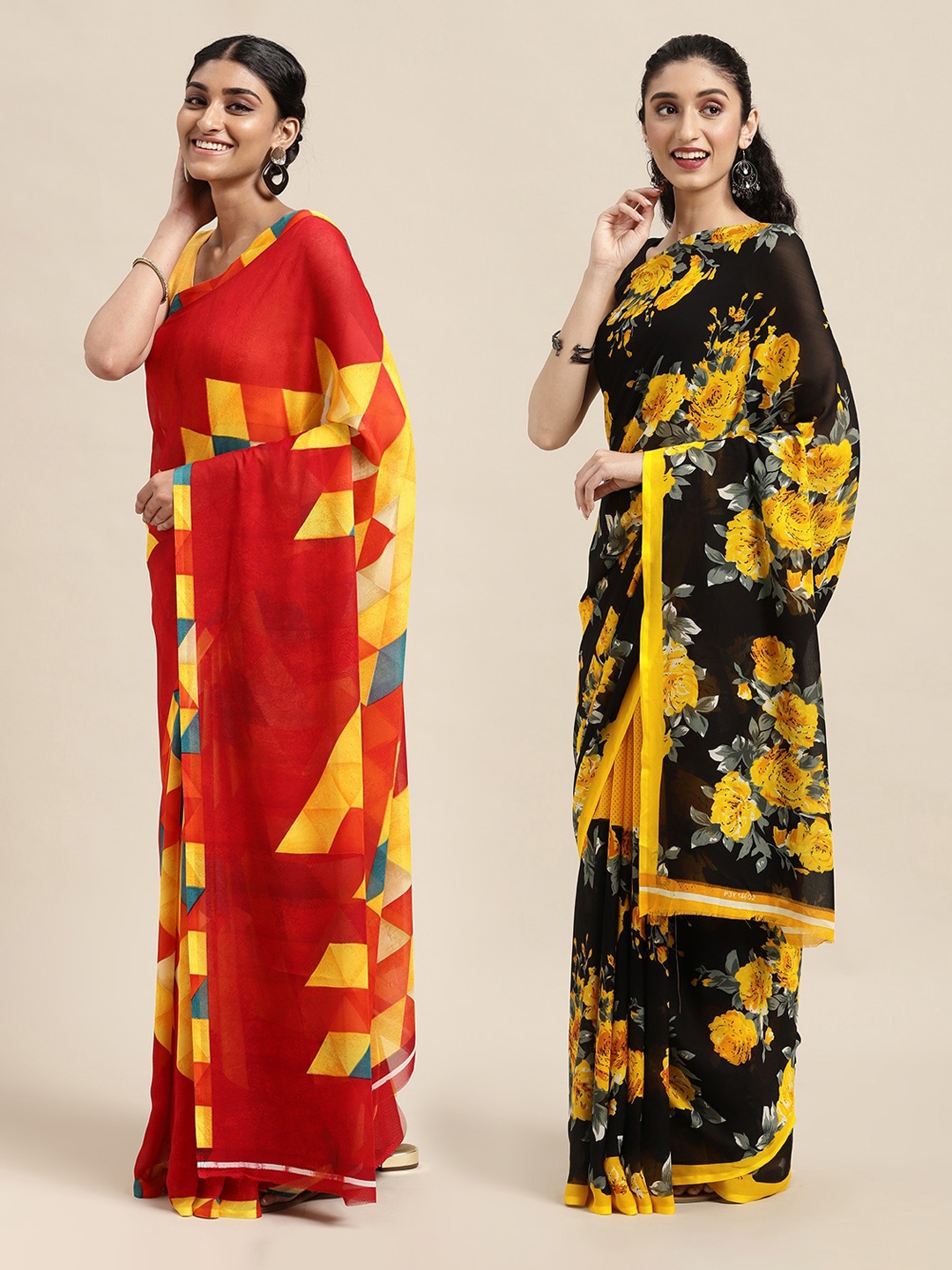 

KALINI Red & Yellow Set Of 2 Floral Printed Saree