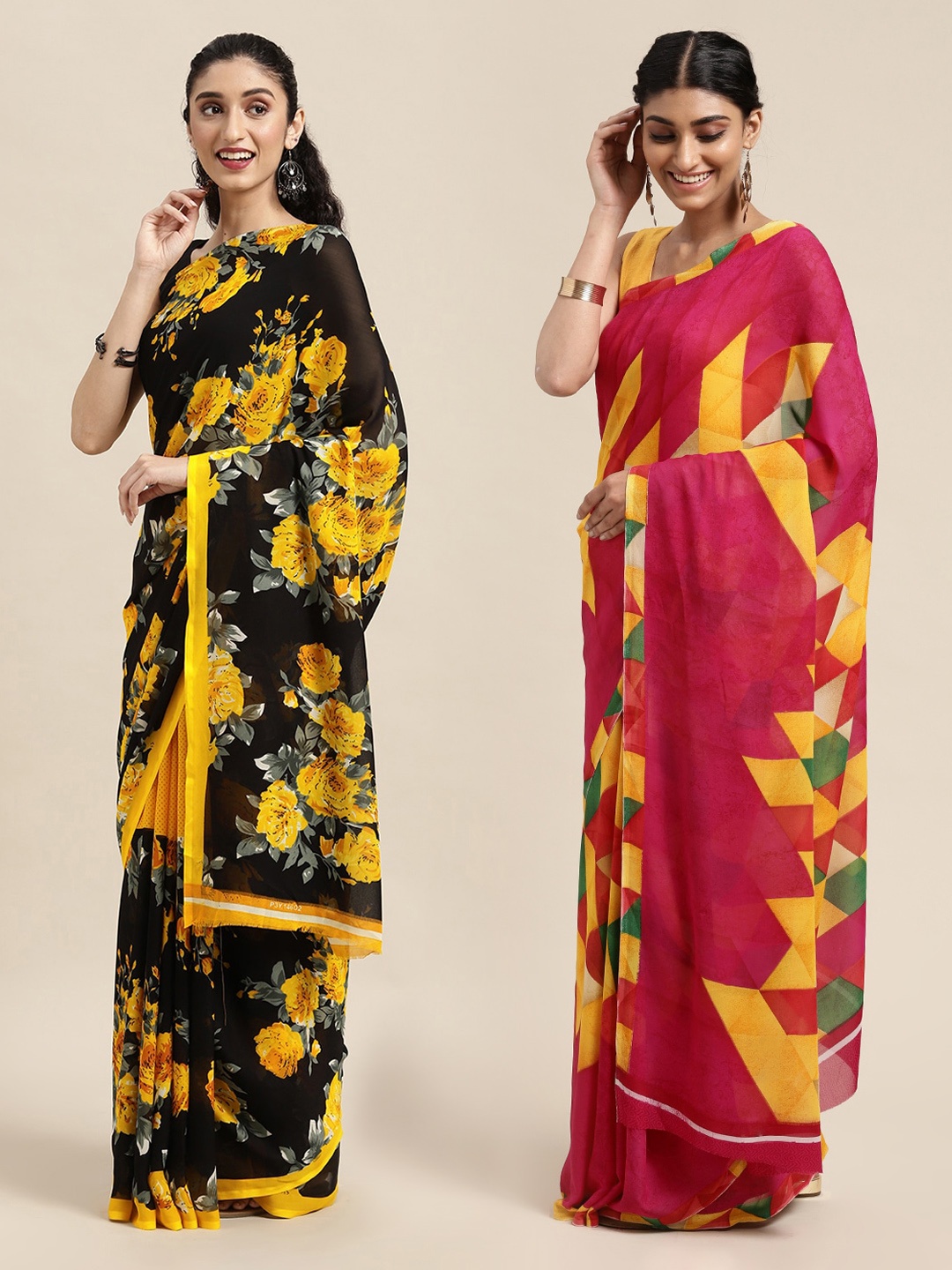 

KALINI Black & Yellow Floral Printed Poly-Georgette Saree Pack Of 2
