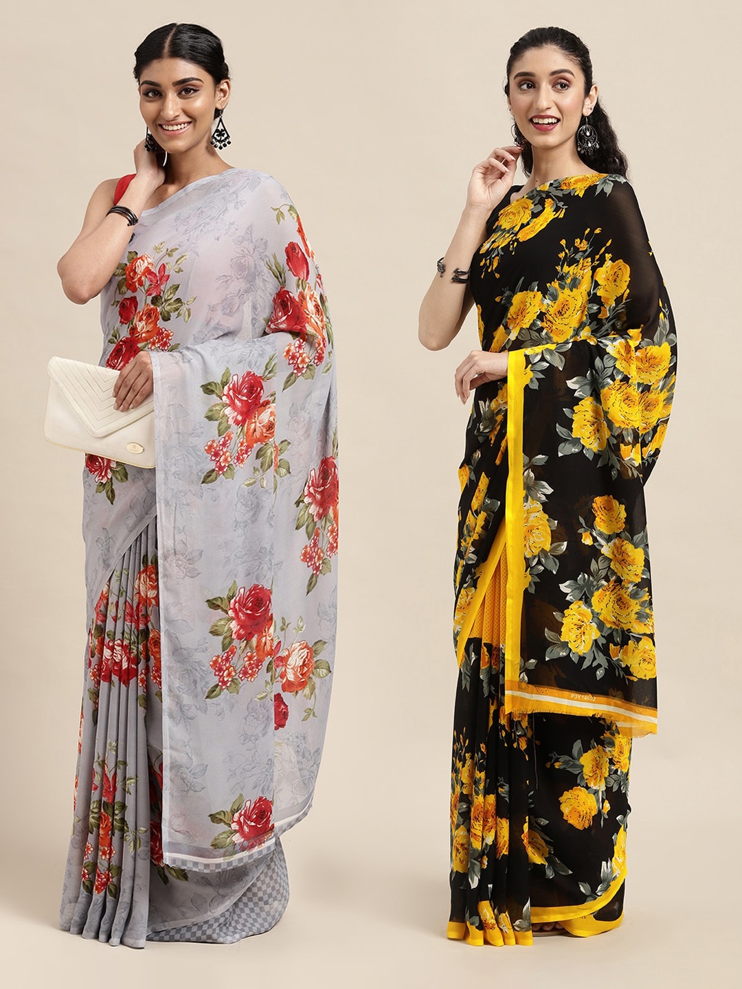 

KALINI Pack of 2 Grey & Black Floral Sarees