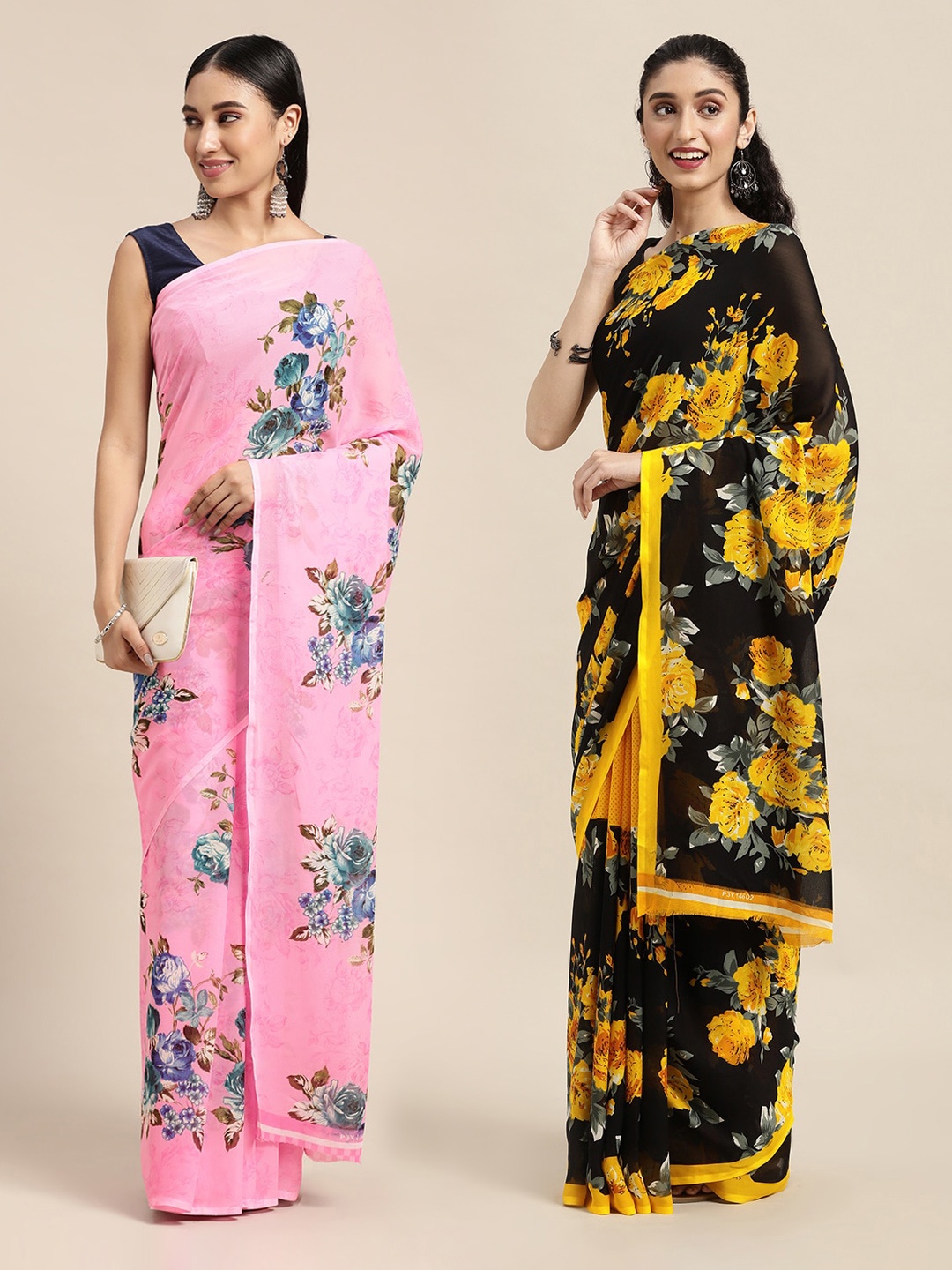 

KALINI Pack Of 2 Pink & Black Floral Printed Saree