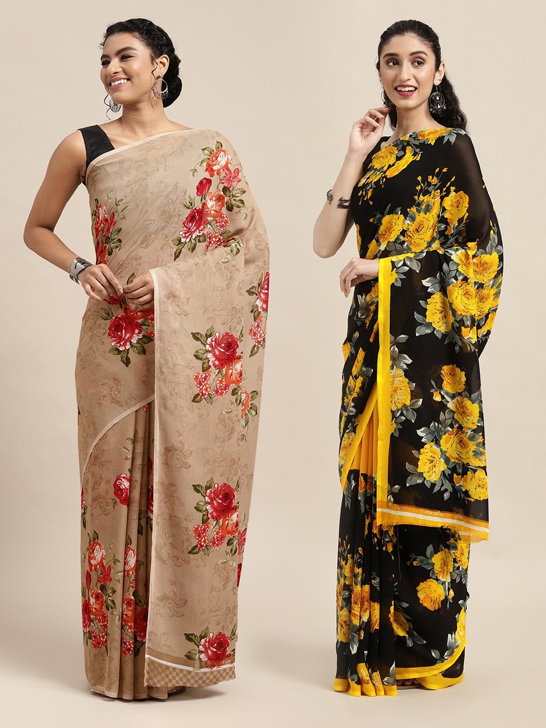 

KALINI Set Of 2 Beige & Black Floral Saree