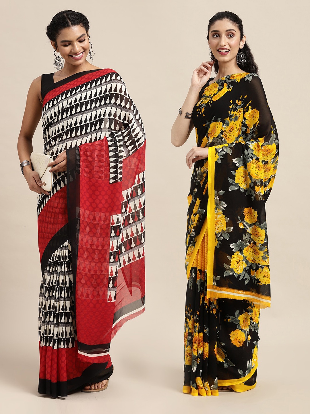 

KALINI Black & Red Set Of 2 Floral Printed Saree