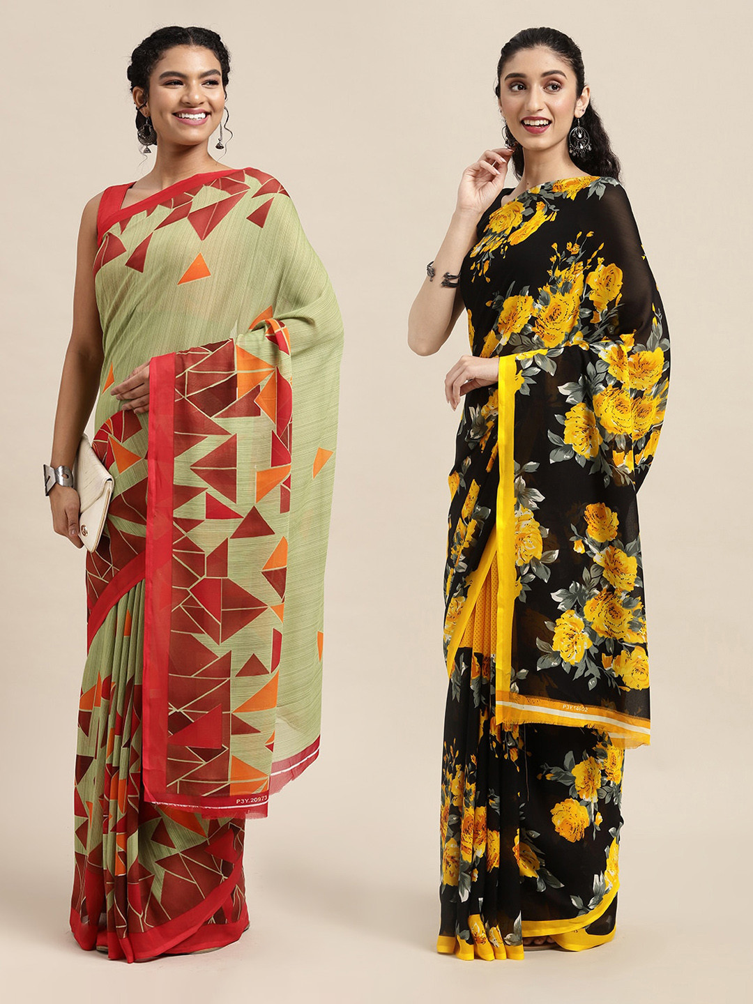 

KALINI Black & Yellow Floral Printed Poly-Georgette Saree Pack Of 2