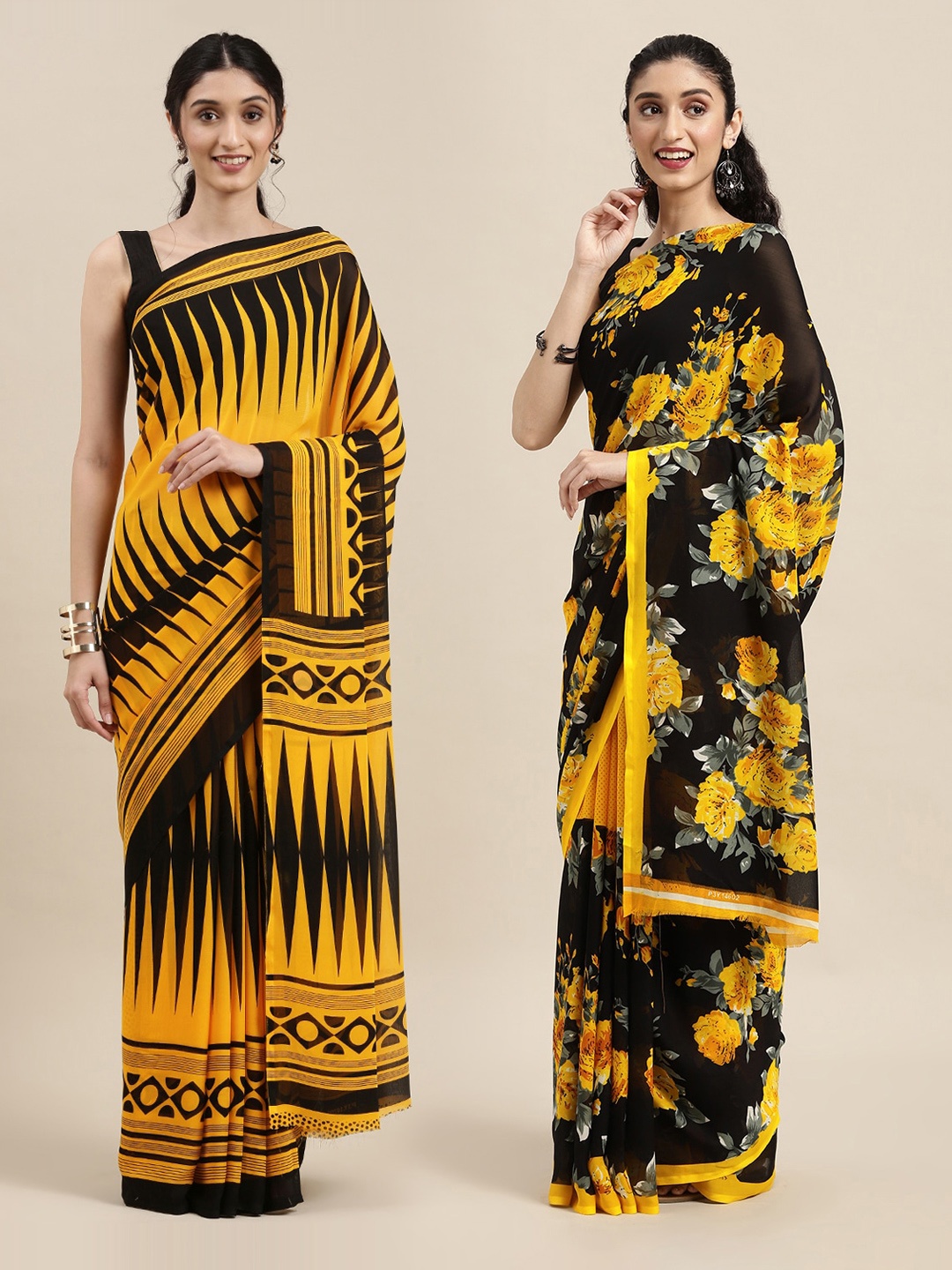 

KALINI Pack of 2 Mustard & Black Sarees