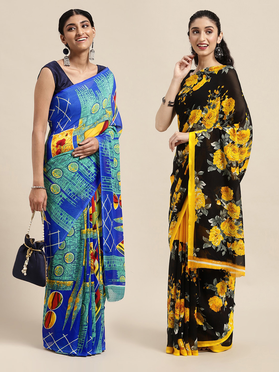 

KALINI Pack Of 2 Sea Green & Black Floral Printed Saree