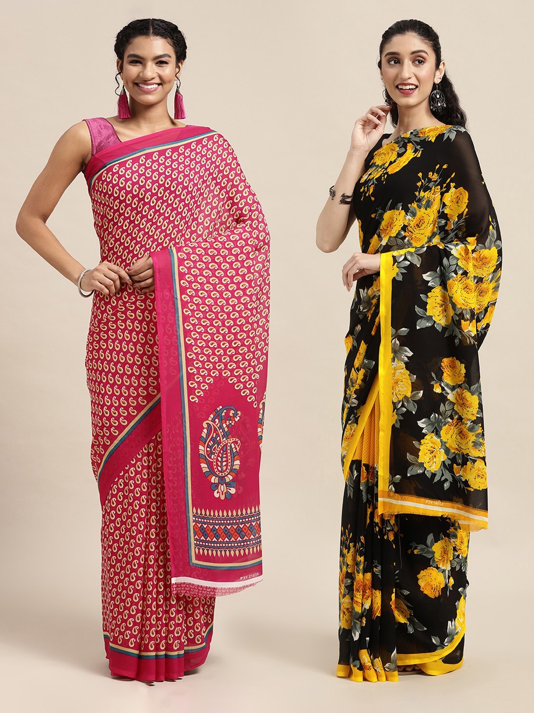 

KALINI Pink & Cream-Coloured Paisley Saree