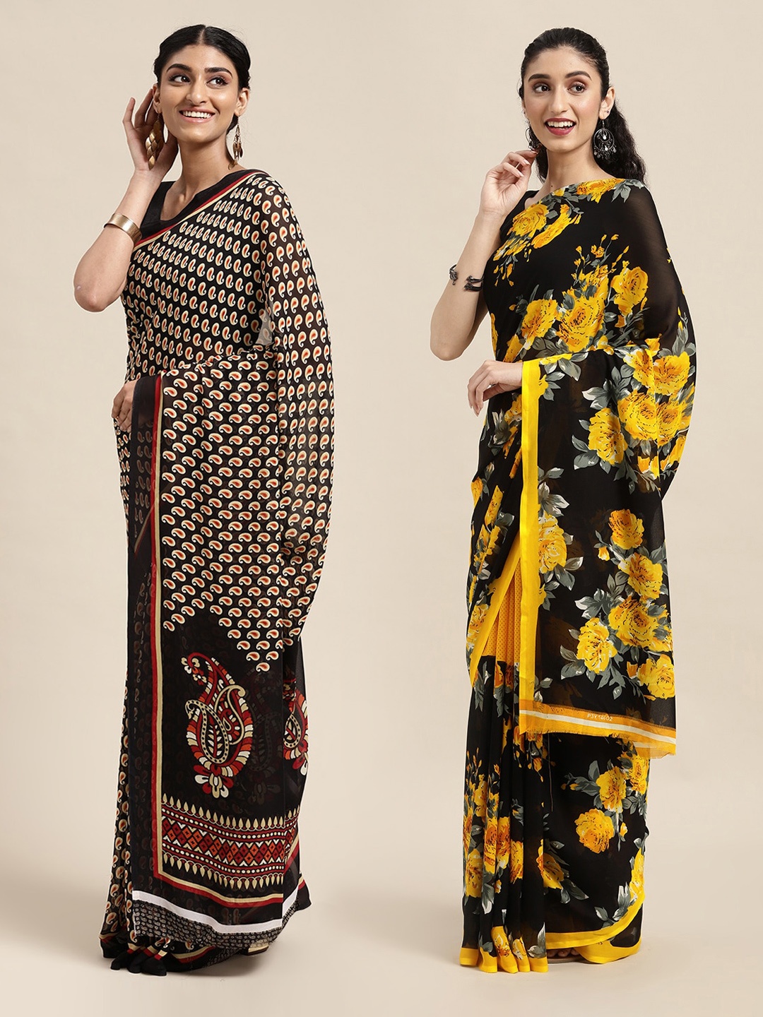 

KALINI Black & Yellow Set Of 2 Floral Printed Saree