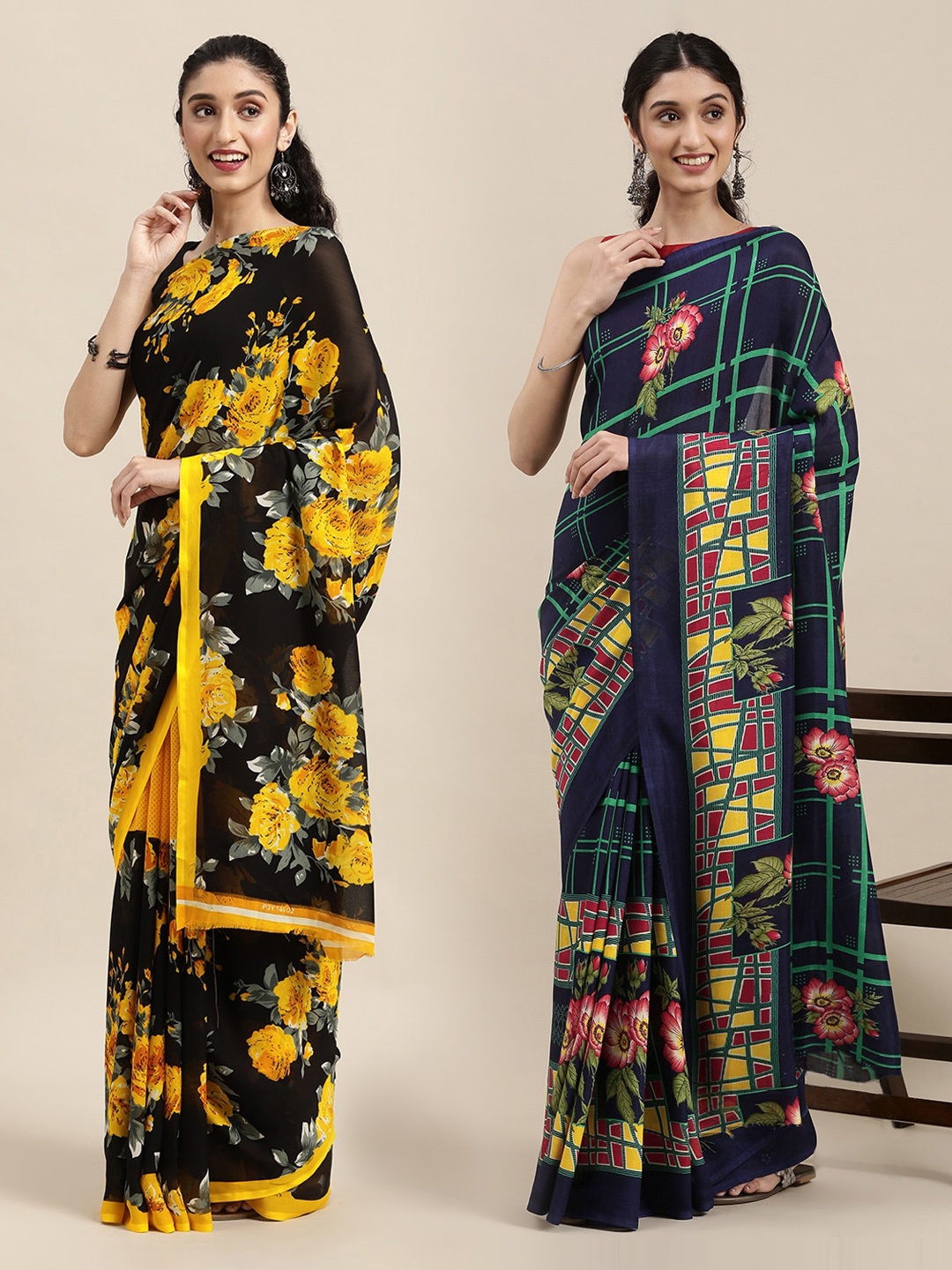 

KALINI Navy Blue & Yellow Floral Saree