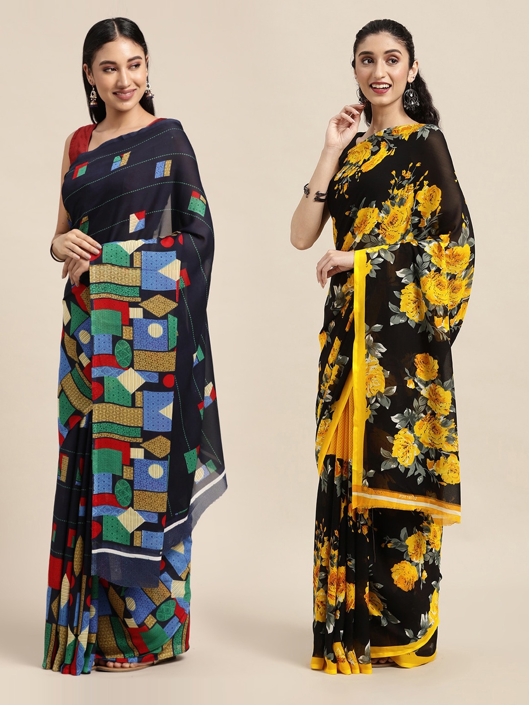 

KALINI Pack of 2 Navy Blue & Black Sarees
