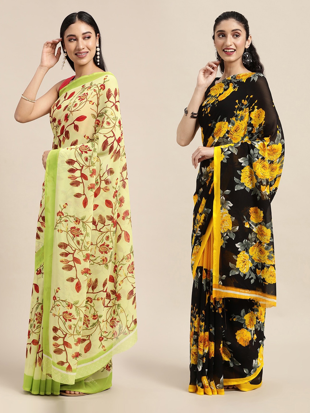 

KALINI Pack Of 2 Black & Yellow Floral Printed Saree