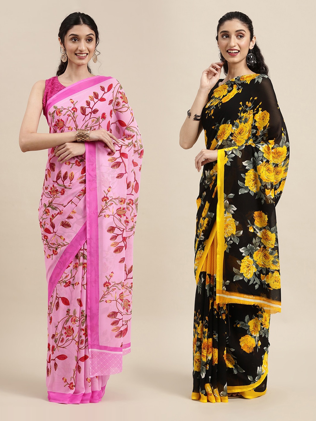 

KALINI Set Of 2 Black & Yellow Floral Saree