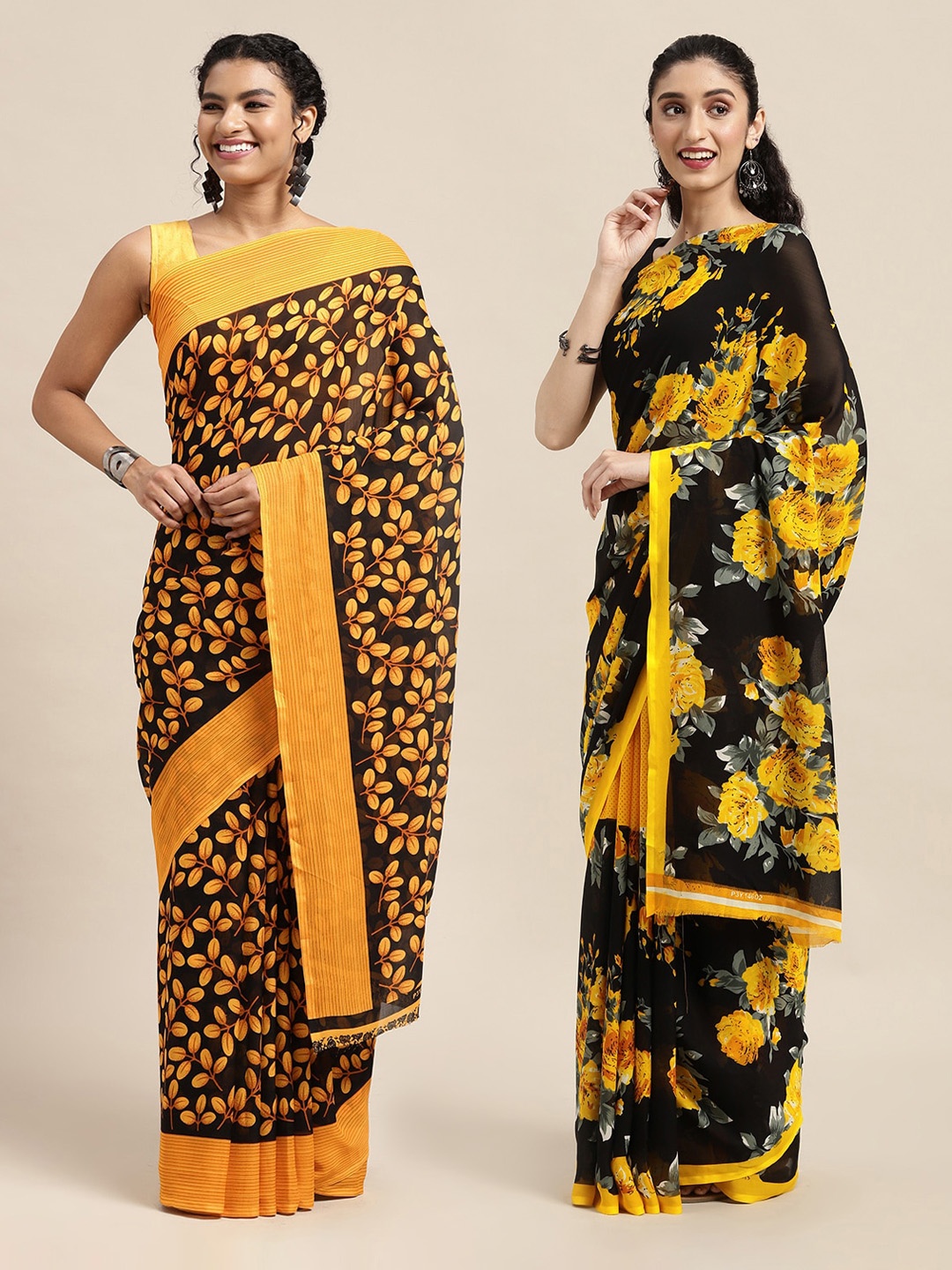 

KALINI Black & Mustard Set Of 2 Floral Printed Saree