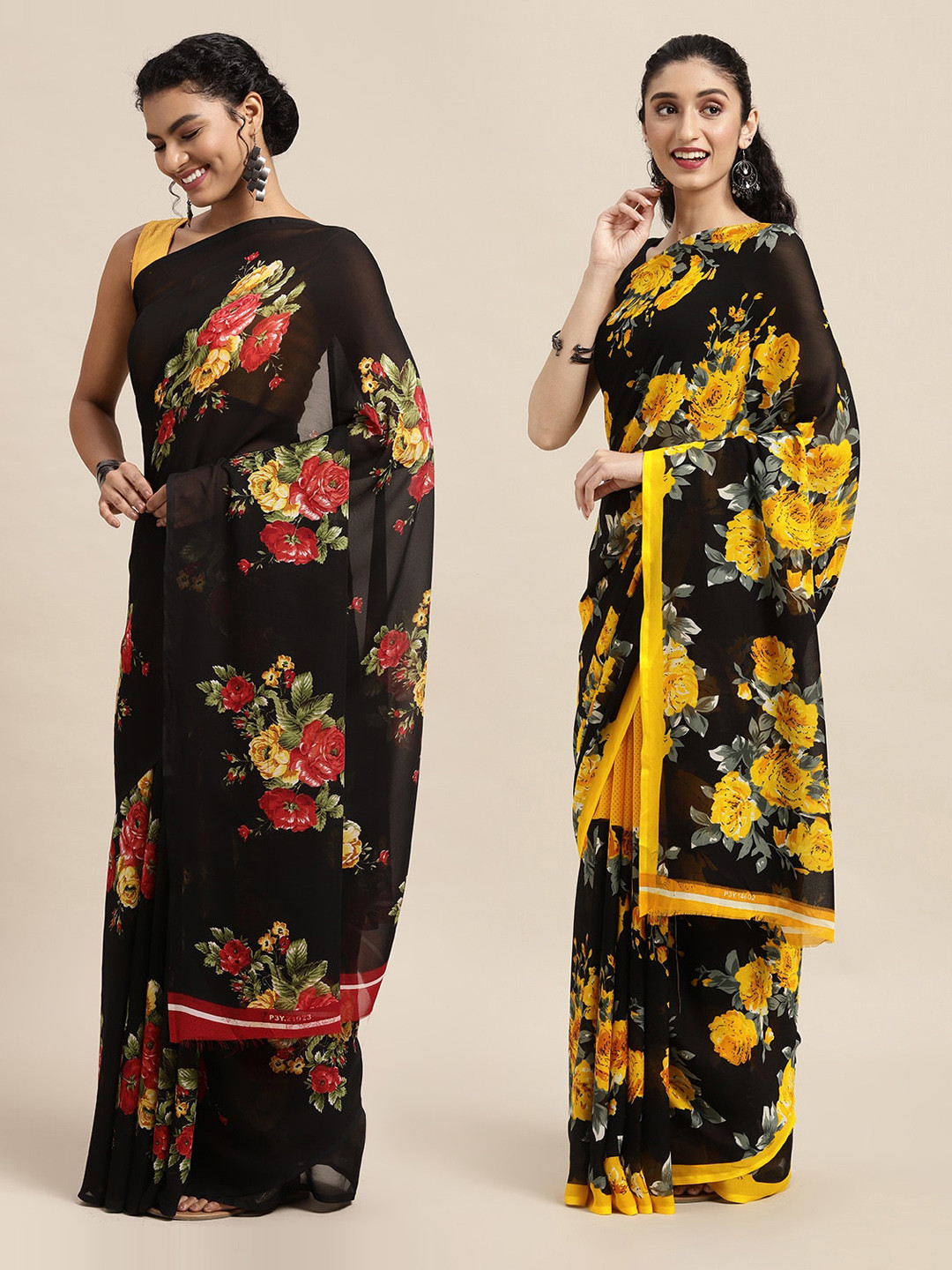 

KALINI Black & Red Floral Printed Poly-Georgette Saree Pack Of 2