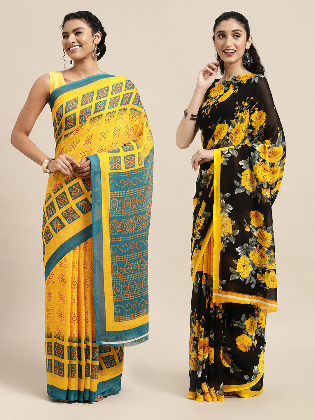 

KALINI Pack of 2 Black & Yellow Floral Sarees