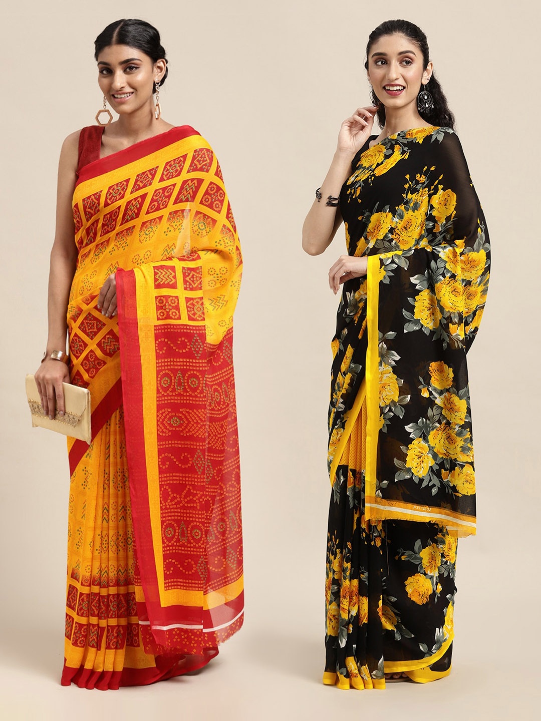 

KALINI Pack Of 2 Black & Yellow Floral Printed Saree
