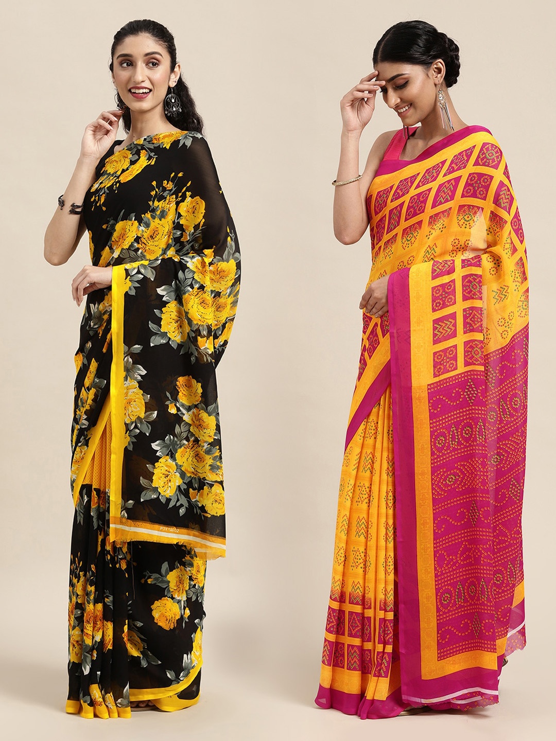 

KALINI Set Of 2 Black & Yellow Floral Saree