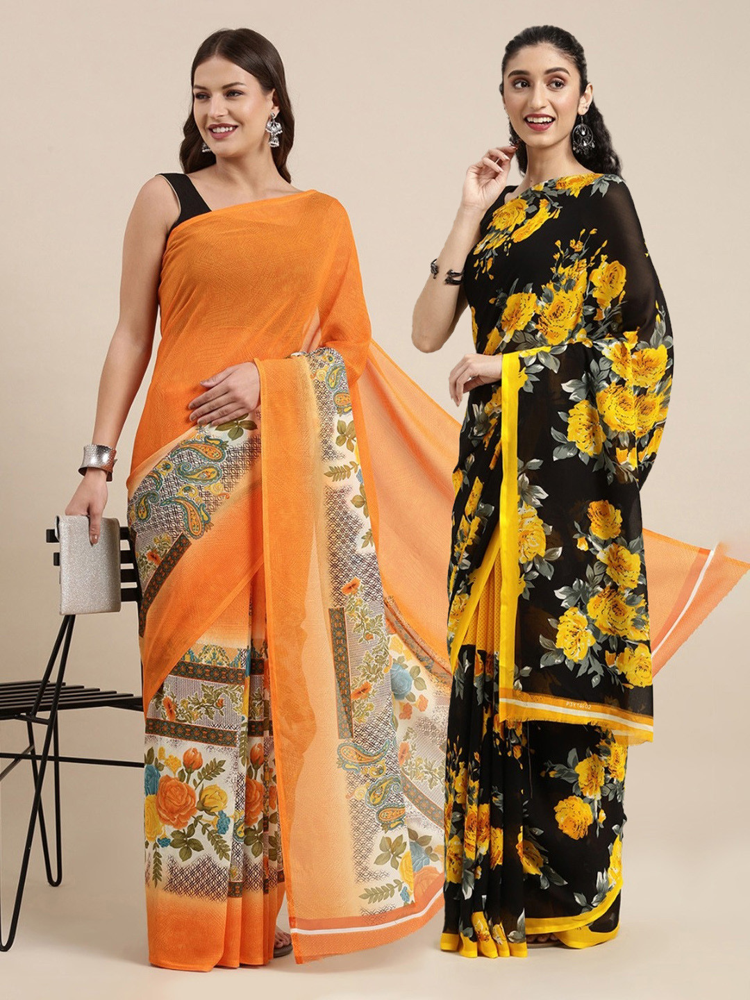 

KALINI Orange Floral Saree