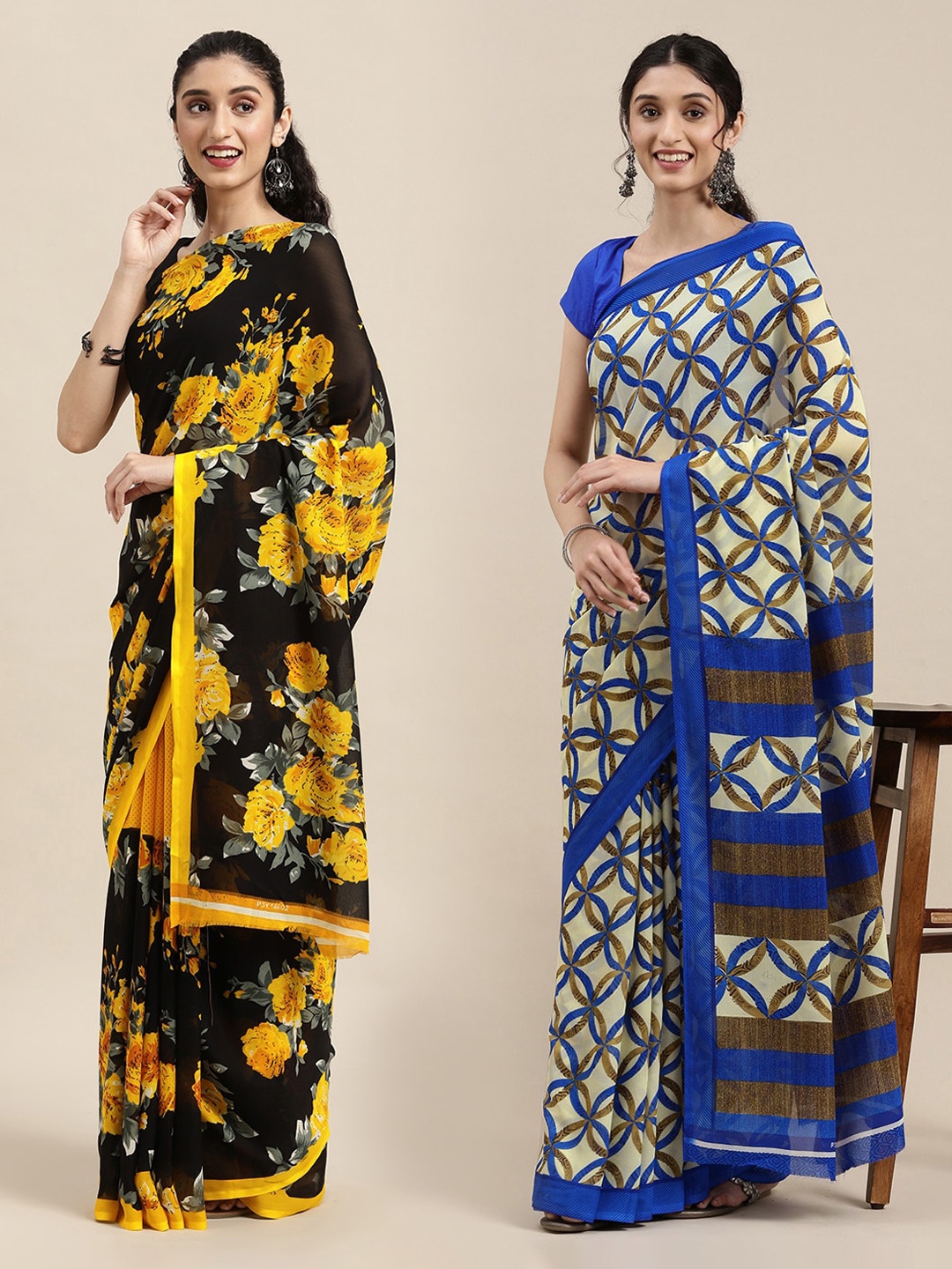 

KALINI Cream-Coloured & Blue Floral Printed Poly-Georgette Saree Pack Of 2
