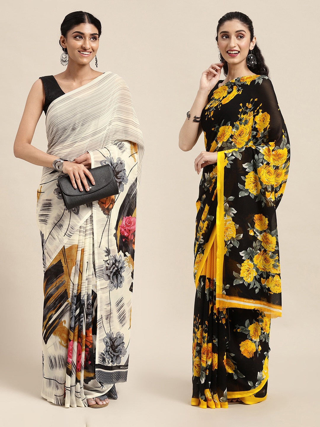 

KALINI Cream & Black Printed Saree