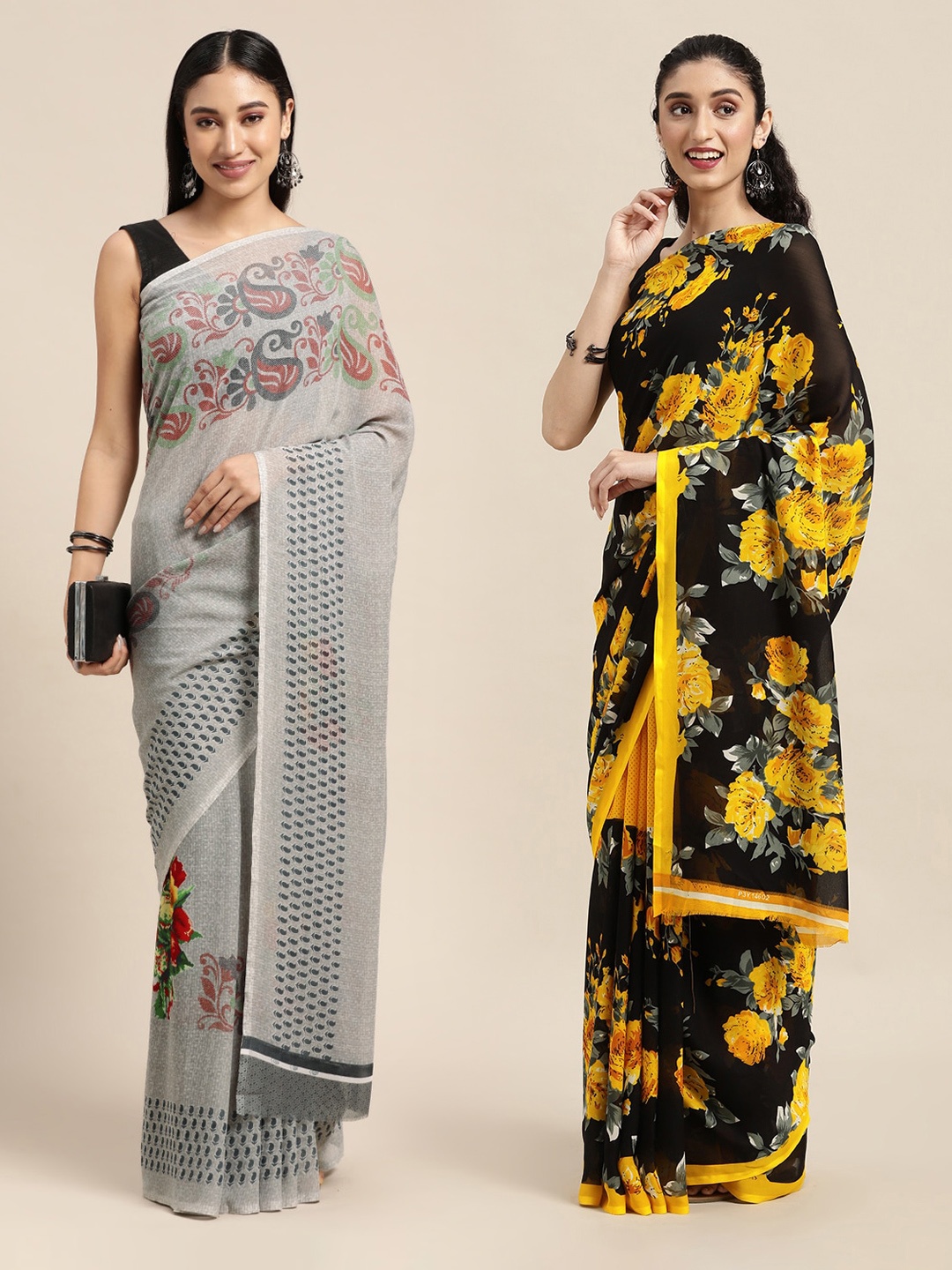 

KALINI Pack of 2 Black & Grey Floral Sarees
