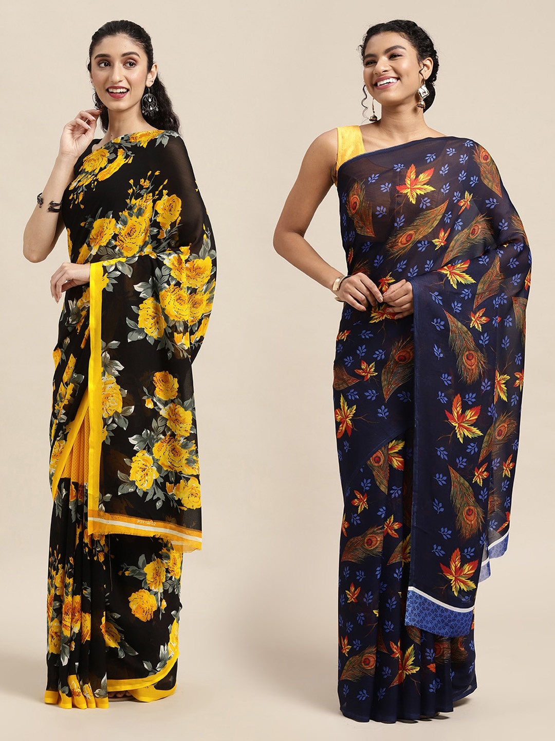 

KALINI Pack Of 2 Navy Blue & Yellow Floral Printed Saree