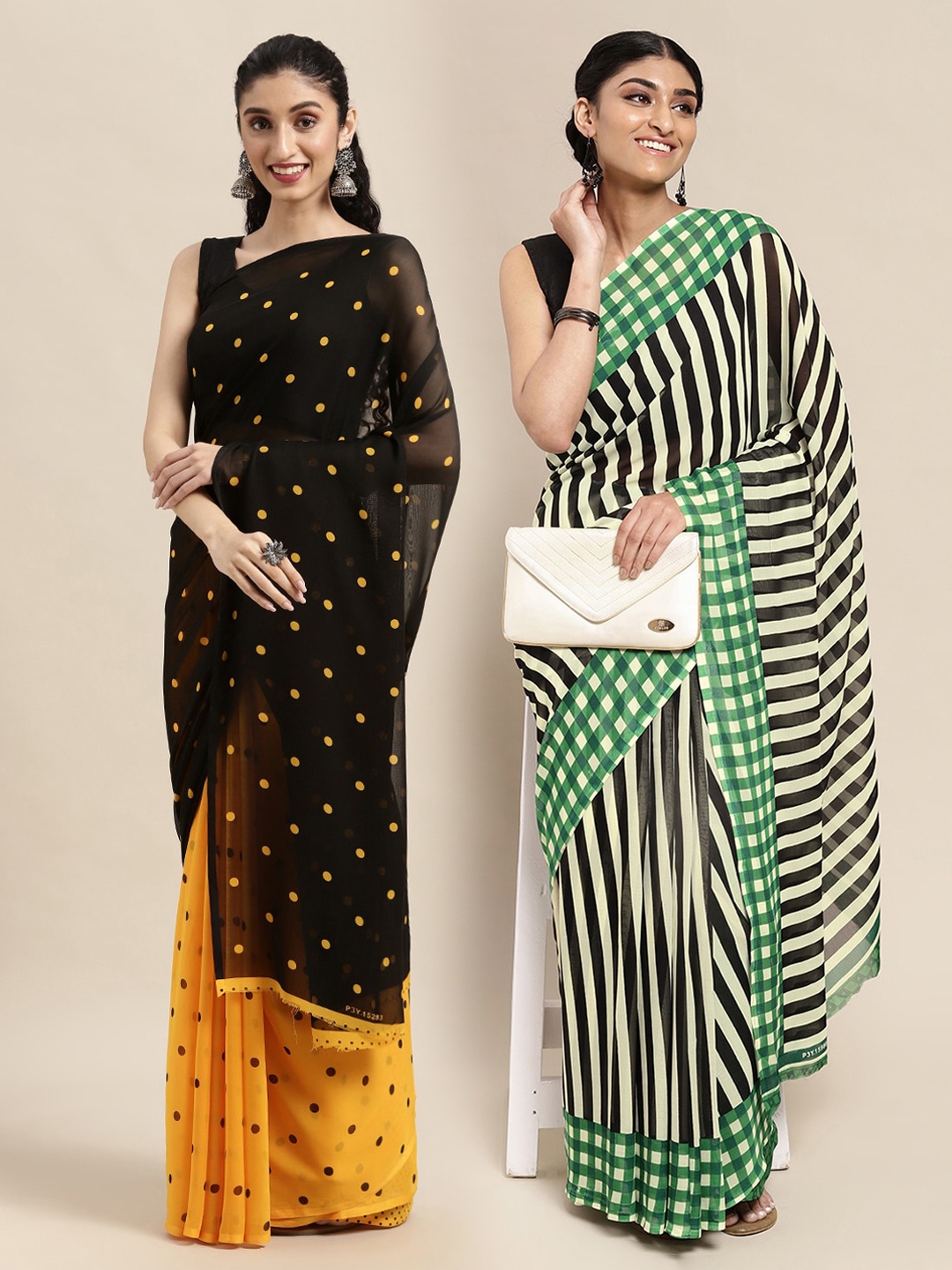 

ANAND SAREES Green & Black Set Of 2 Striped Saree