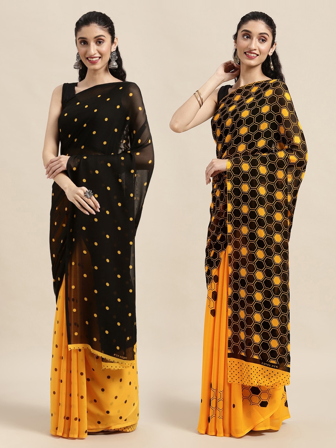 

KALINI Pack of 2 Black & Yellow Half and Half Sarees