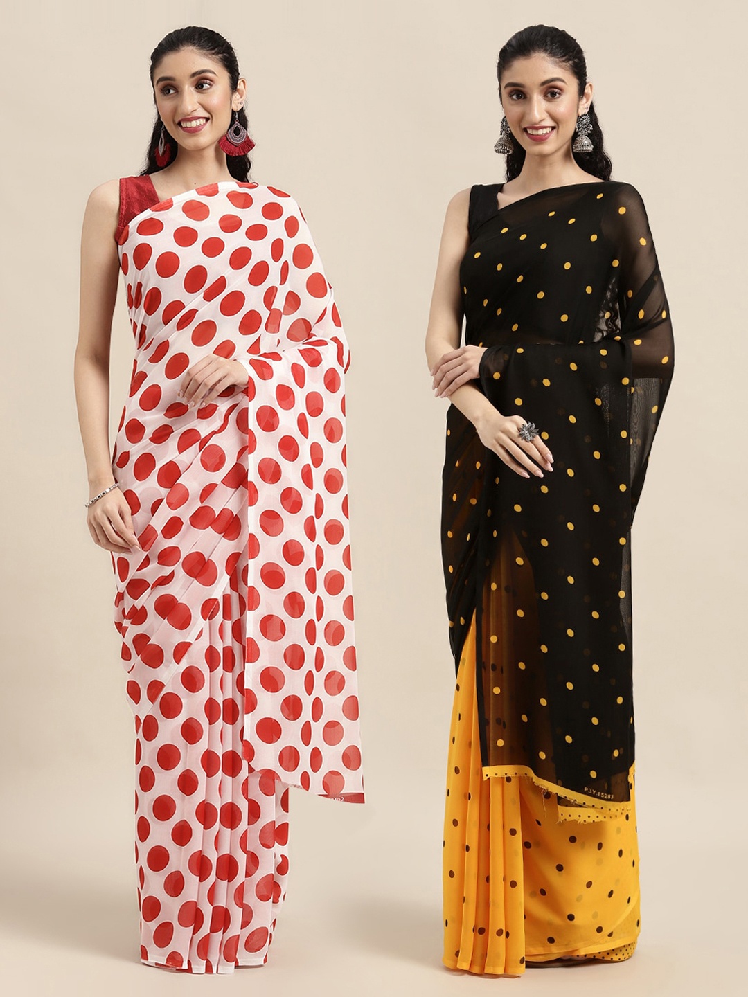 

KALINI White & Black Set Of 2 Polka Dots Saree