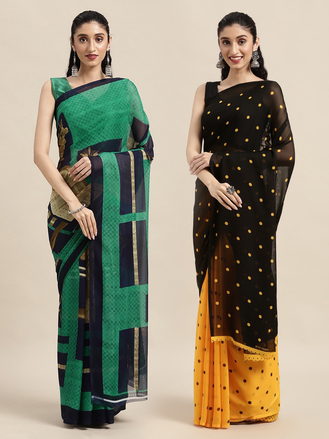 

KALINI Pack of 2 Green & Black Sarees