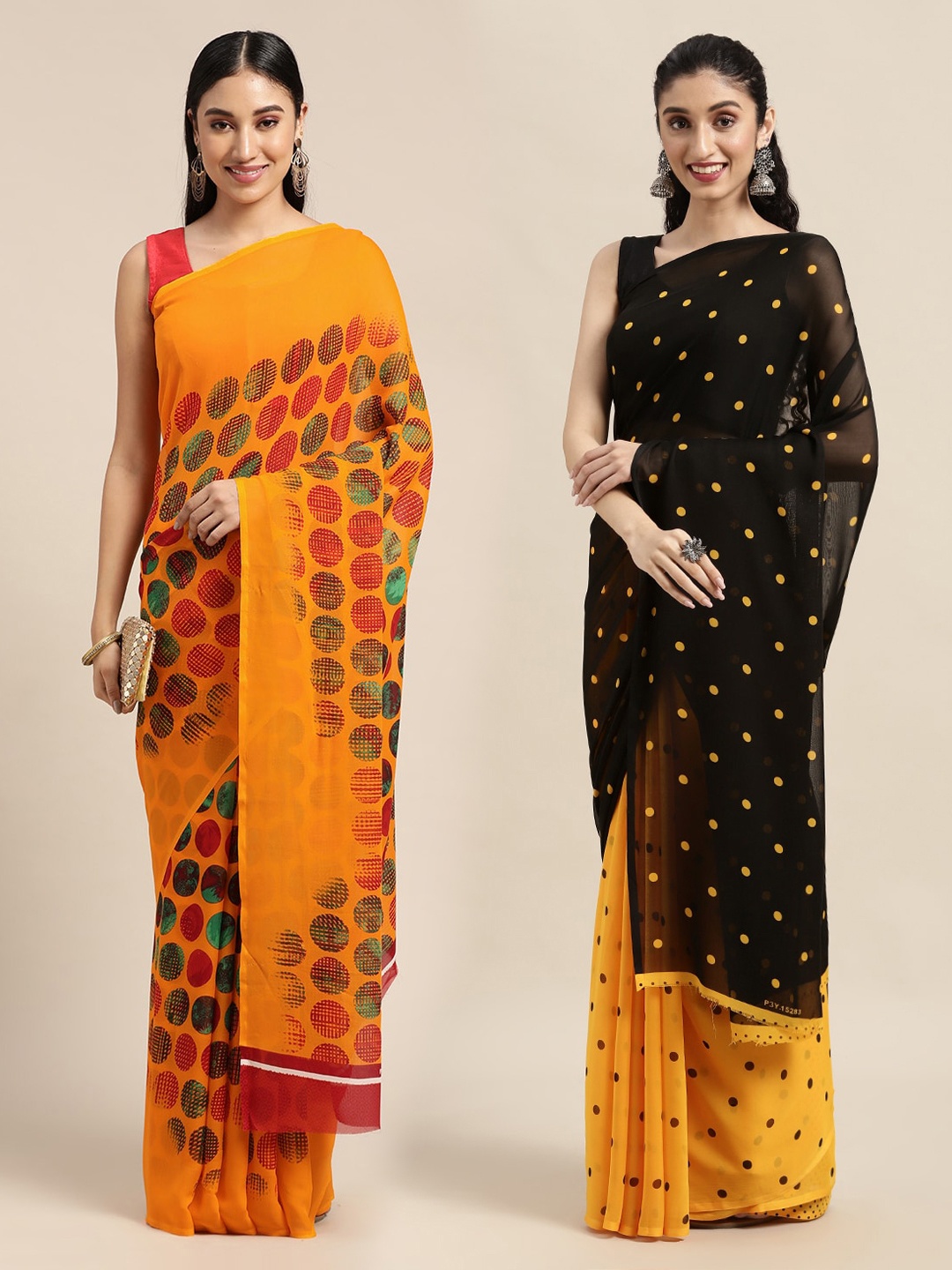 

KALINI Yellow & Red Set Of 2 Polka Dots Saree