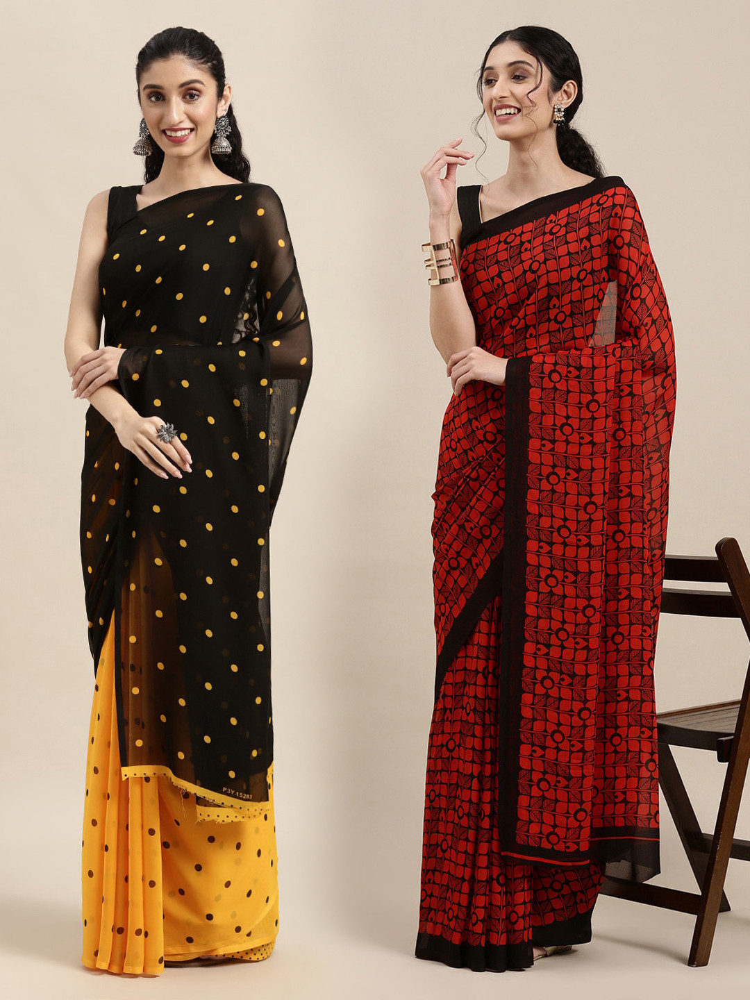 

KALINI Pack of 2 Black & Red Ethnic Motifs Sarees