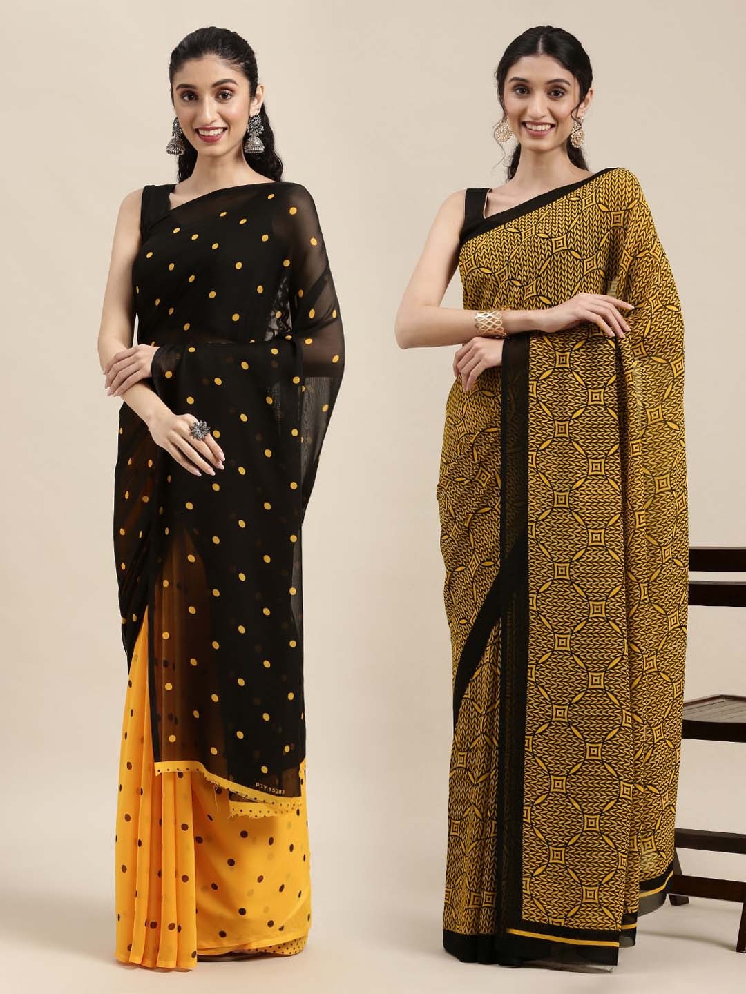 

KALINI Set Of 2 Mustard Yellow & Black Printed Saree