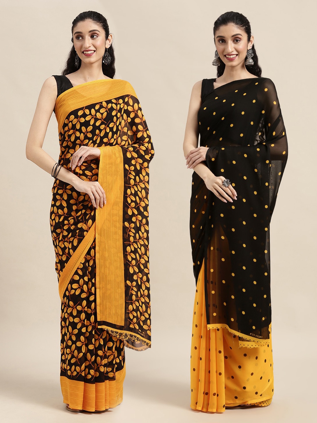 

KALINI Black & Yellow Floral Printed Poly-Georgette Saree Pack Of 2