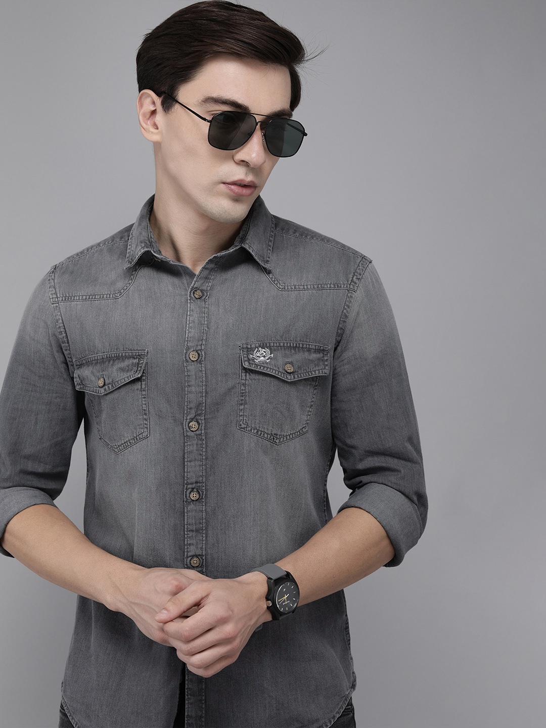 

U S Polo Assn Denim Co Men Grey Faded Denim Casual Shirt