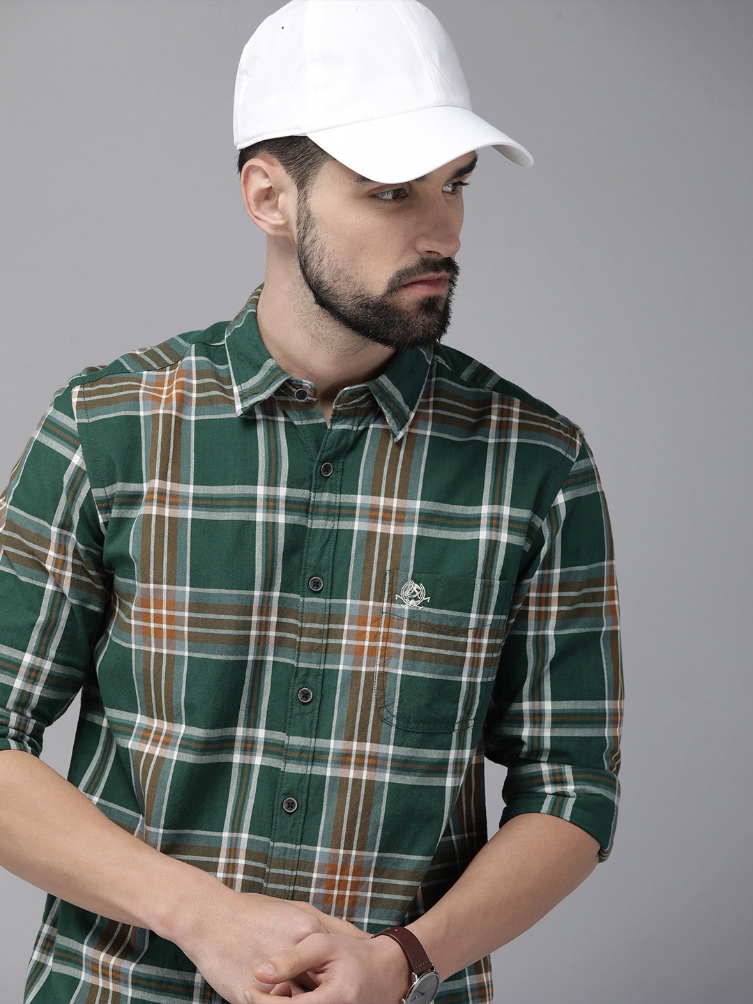 

U S Polo Assn Denim Co Men Dark Green And Grey Slim Fit Tartan Checked Pure Cotton Shirt