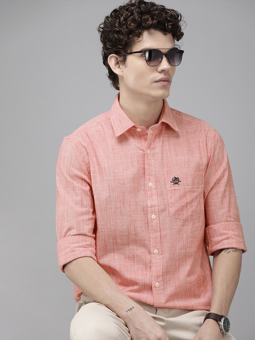 

U S Polo Assn Men Red & White Tailored Fit Pinstripes Striped Casual Pure Cotton Shirt