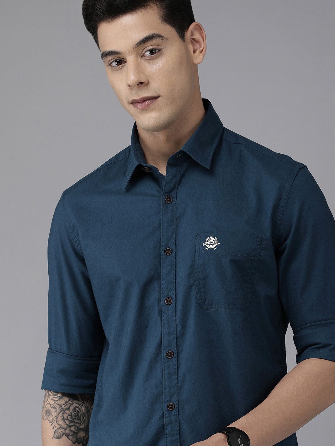 

U.S. Polo Assn. Denim Co. Denim Co Men Teal Blue Solid Slim Fit Pure Cottn Casual Shirt
