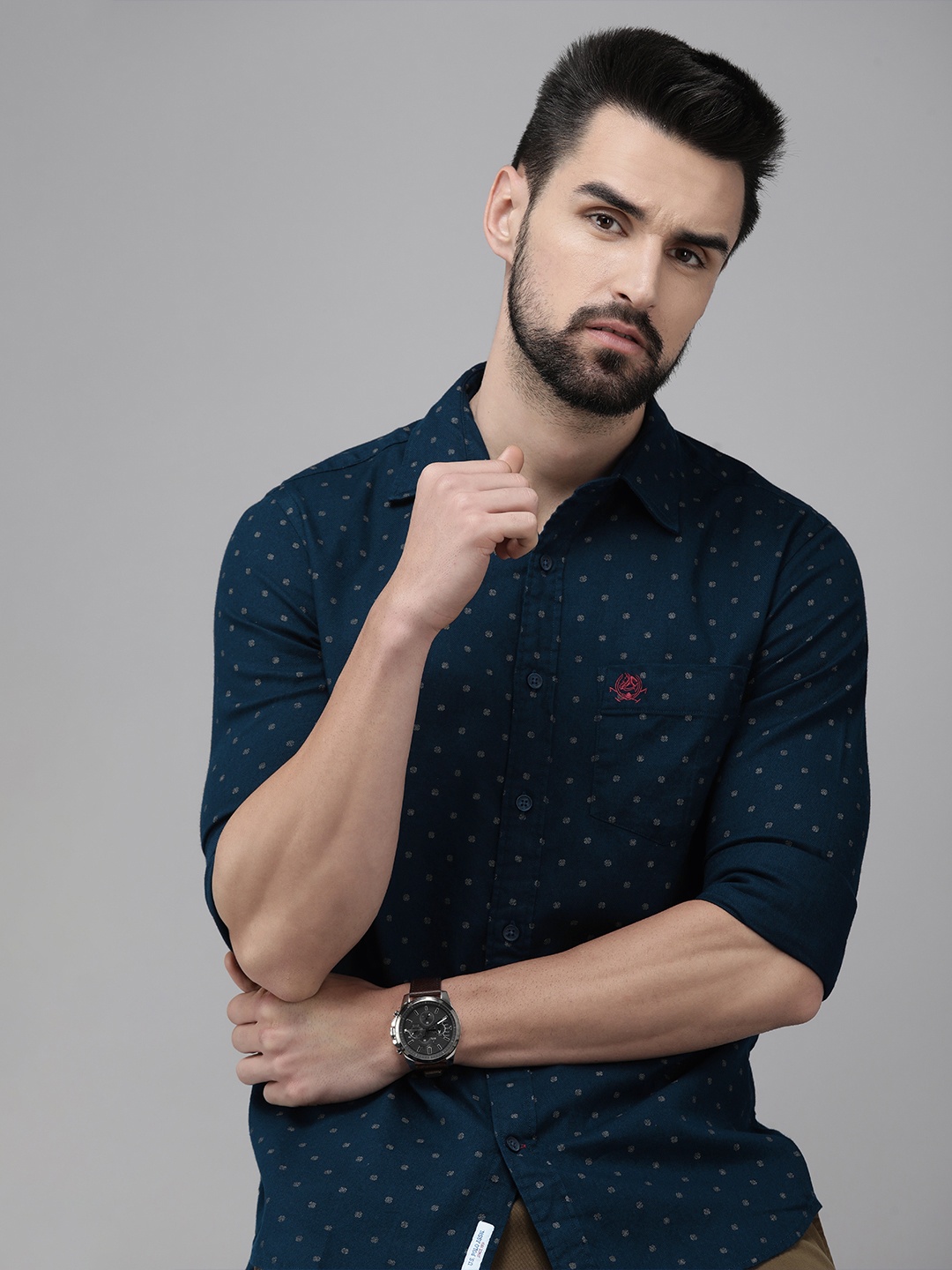 

U S Polo Assn Men Navy Blue & Brown Tailored Fit Printed Casual Pure Cotton Shirt
