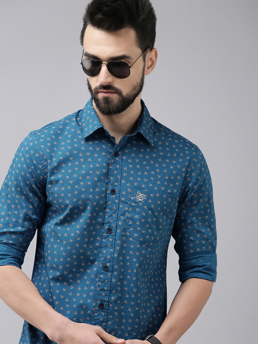 

U S Polo Assn Men Teal Blue Tailored Fit Printed Pure Cotton Casual Shirt