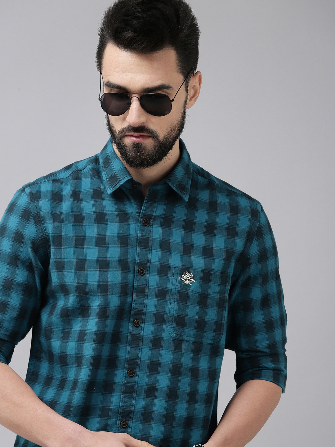 

U.S. Polo Assn. Denim Co. Men Blue Slim Fit Checked Pure Cotton Casual Shirt