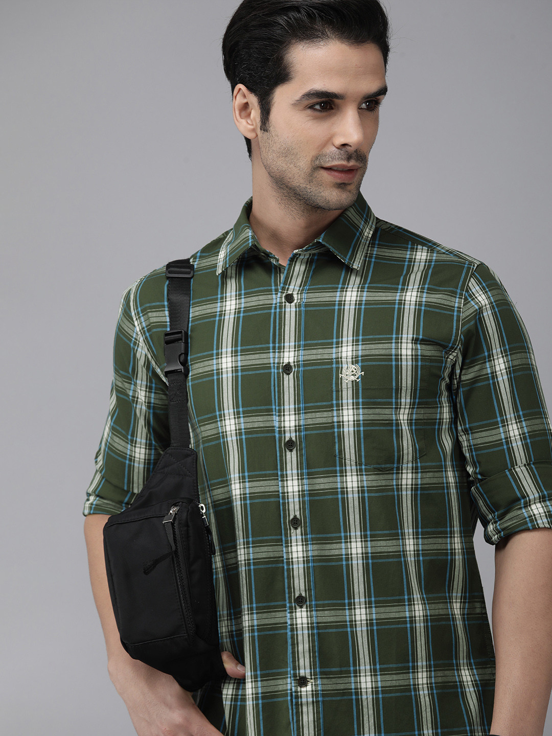 

U S Polo Assn Men Olive Green And Beige Slim Fit Tartan Checked Pure Cotton Casual Shirt