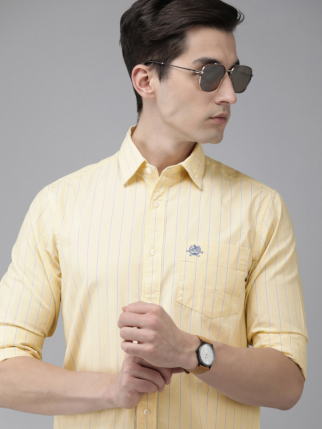 

U.S. Polo Assn. Men Yellow & Blue Striped Tailored Fit Cotton Casual Shirt
