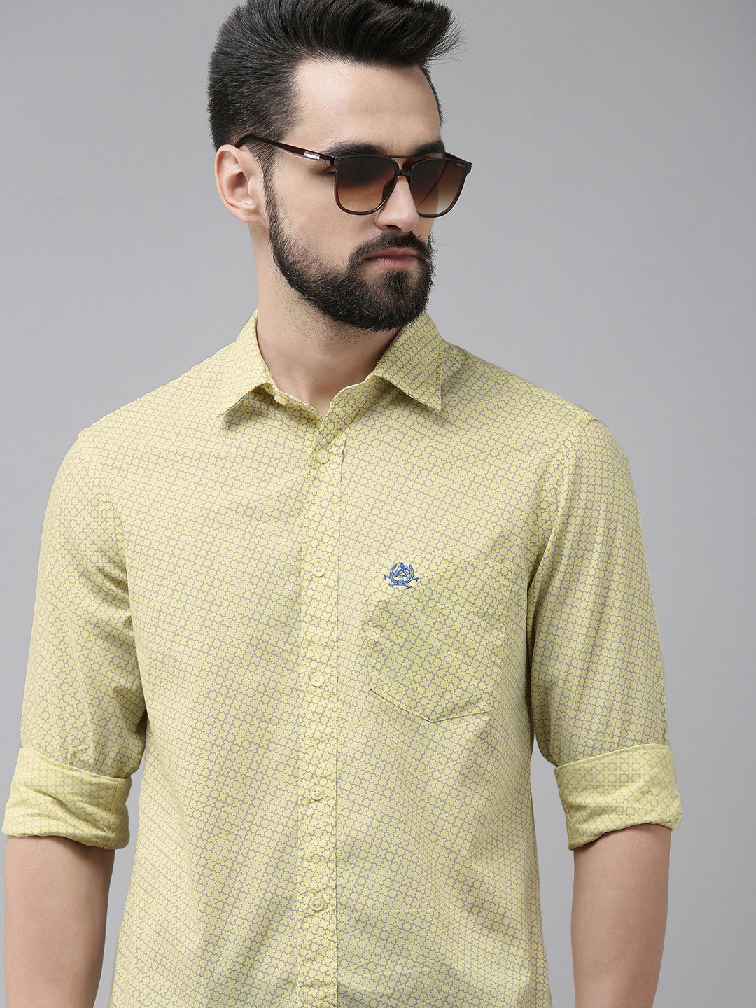 

U S Polo Assn Men Light Yellow And Blue Tailored Fit Geometric Printed Pure Cotton Shirt
