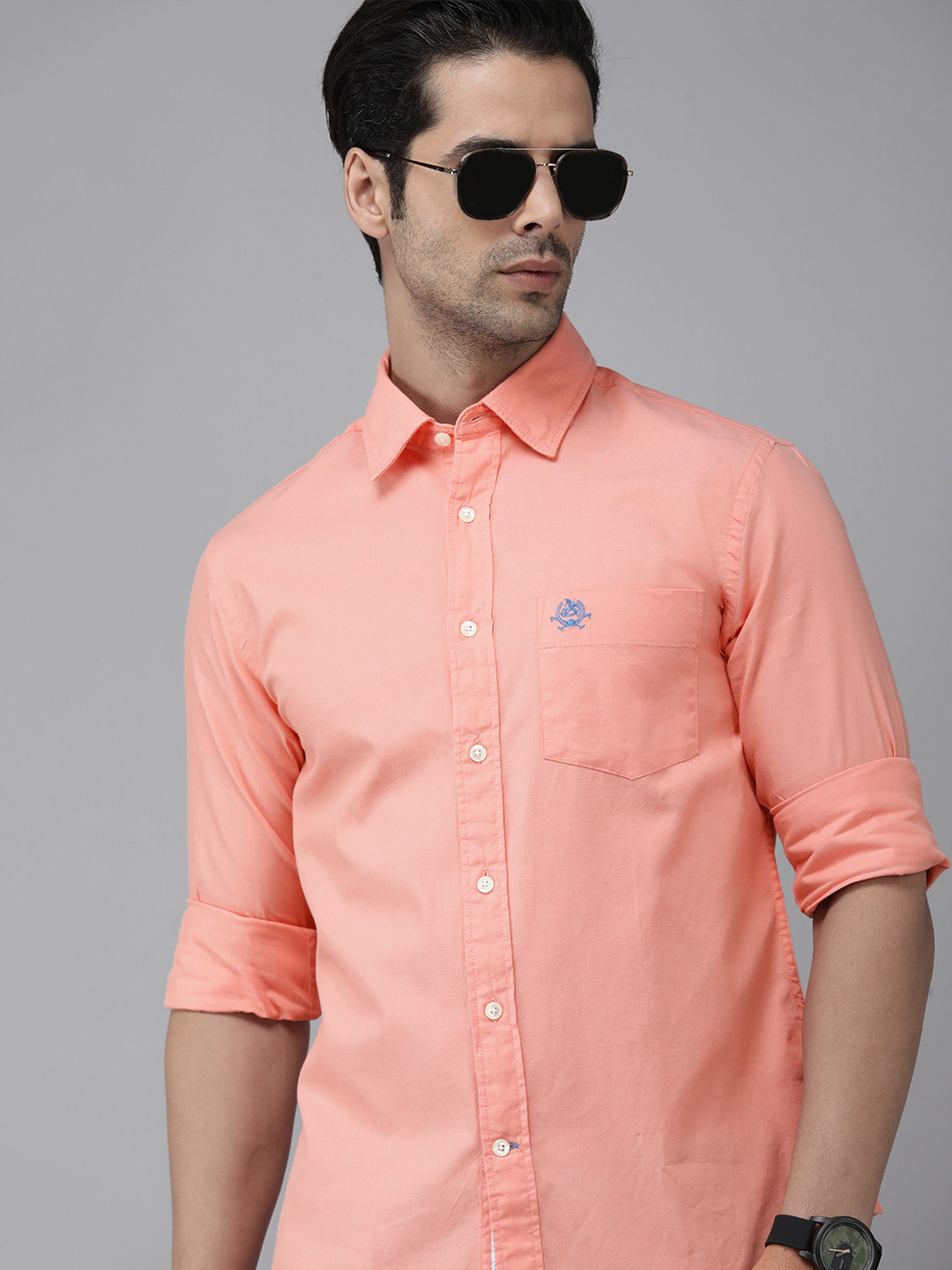 

U S Polo Assn Men Peach-Coloured Solid Slim Fit Pure Cotton Casual Shirt