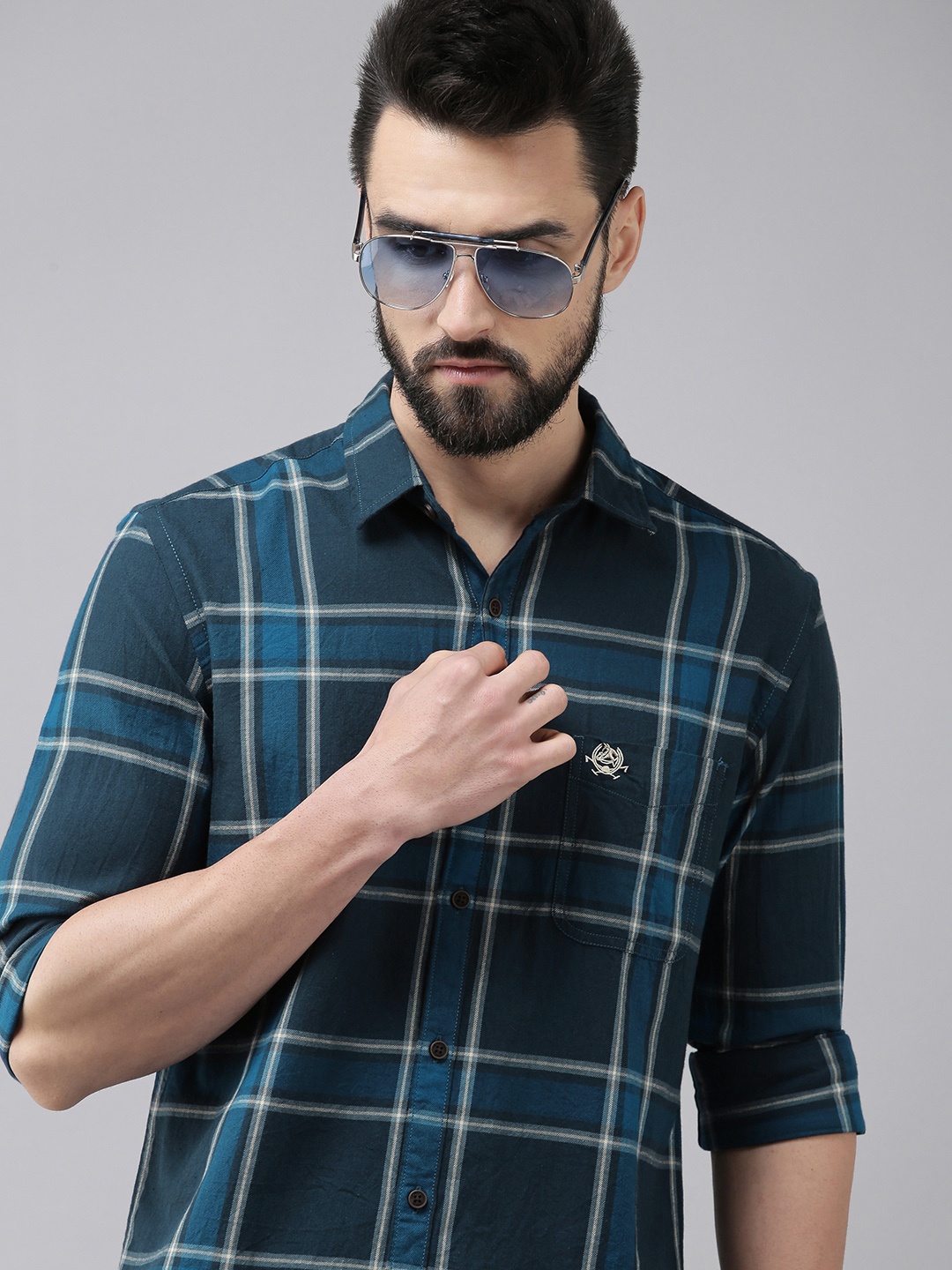 

U.S. Polo Assn. Denim Co. Men Navy Blue Slim Fit Checked Pure Cotton Casual Shirt