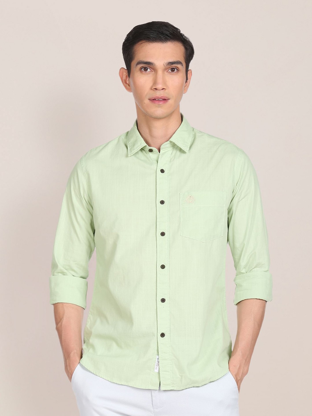 

U.S. Polo Assn. Men Sage Green Solid Tailored Fit Cotton Casual Shirt