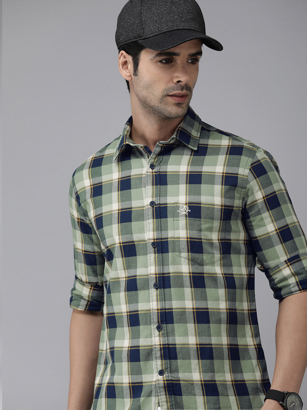 

U S Polo Assn Men Green And Navy Blue Slim Fit Tartan Checked Pure Cotton Casual Shirt