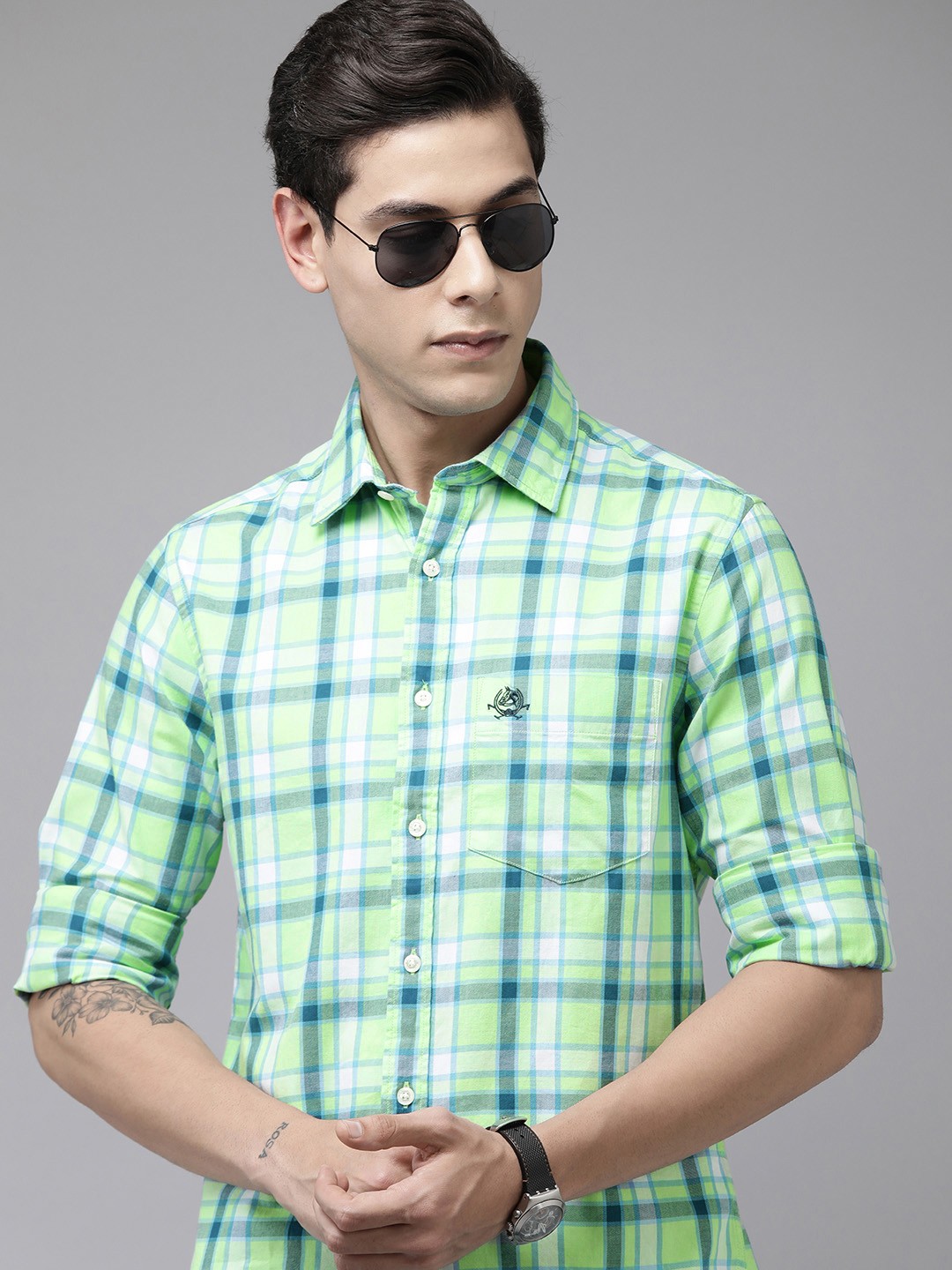 

U.S. Polo Assn. Men Green Tailored Fit Tartan Checks Opaque Pure Cotton Casual Shirt