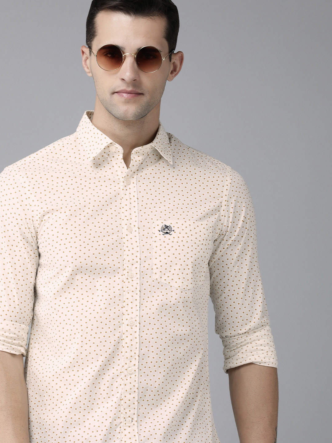 

U S Polo Assn Men Off White & Brown Slim Fit Printed Pure Cotton Casual Shirt